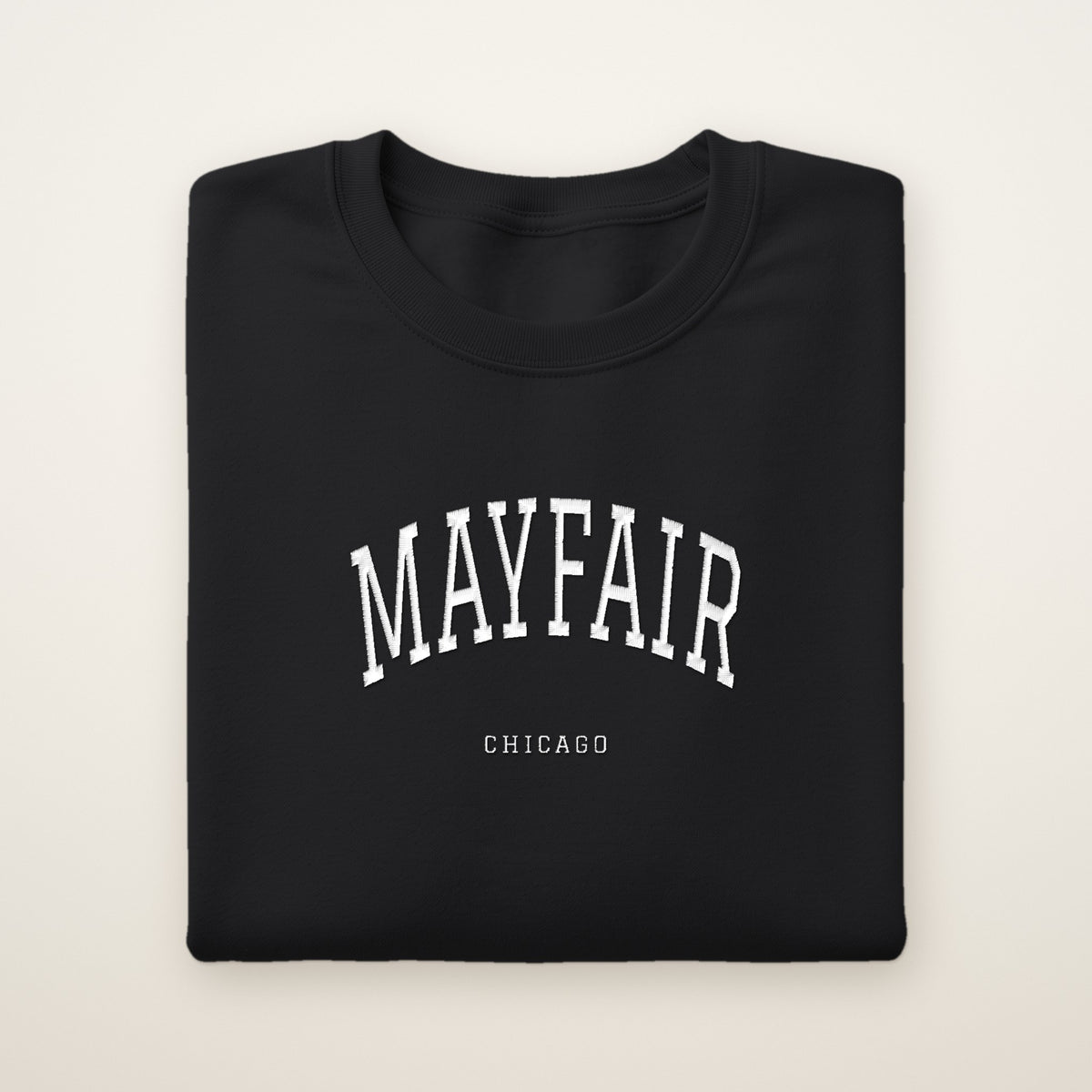 Mayfair Chicago Embroidered Crewneck — White Thread on Black