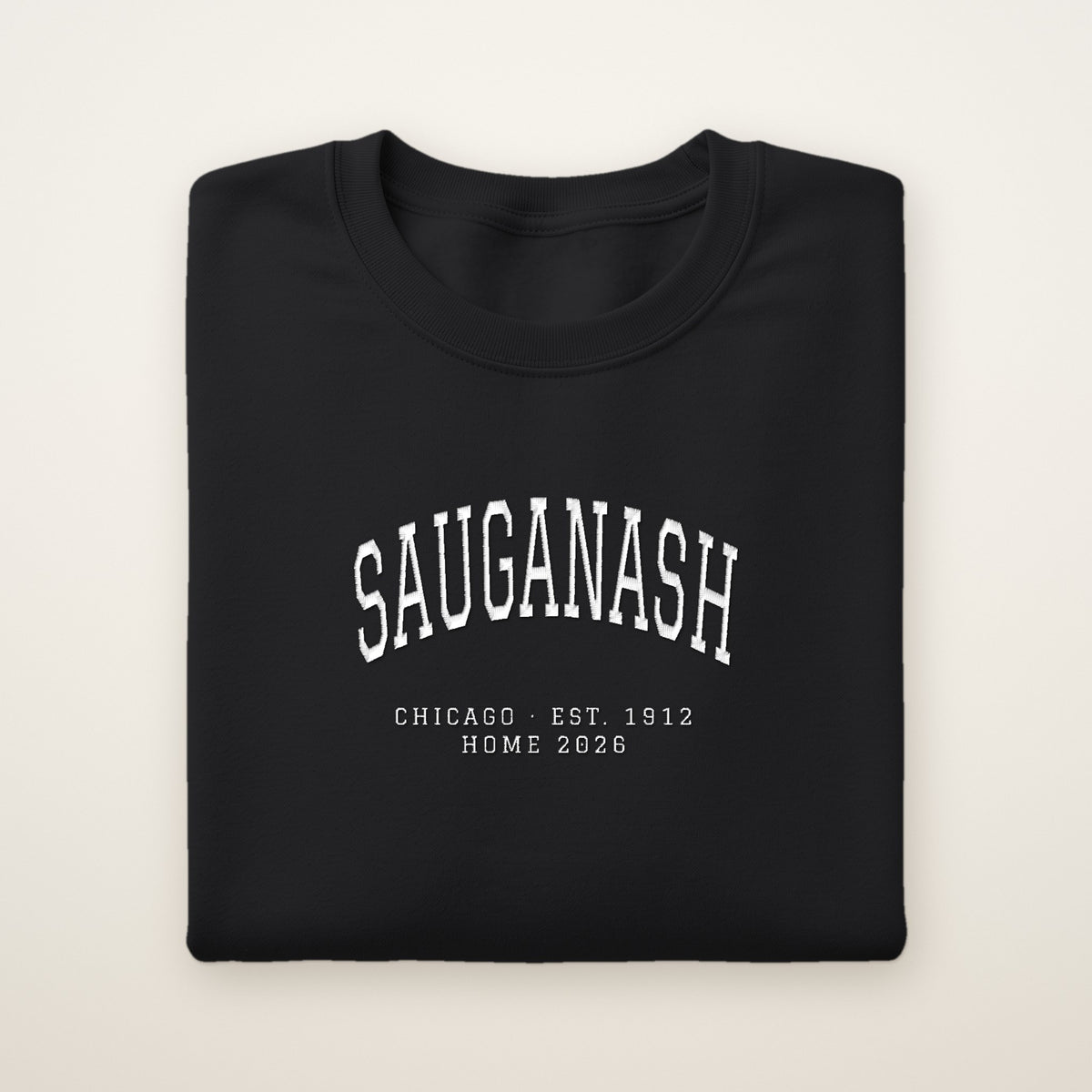 Sauganash Chicago Home 2026 Embroidered Crewneck — White Thread on Black