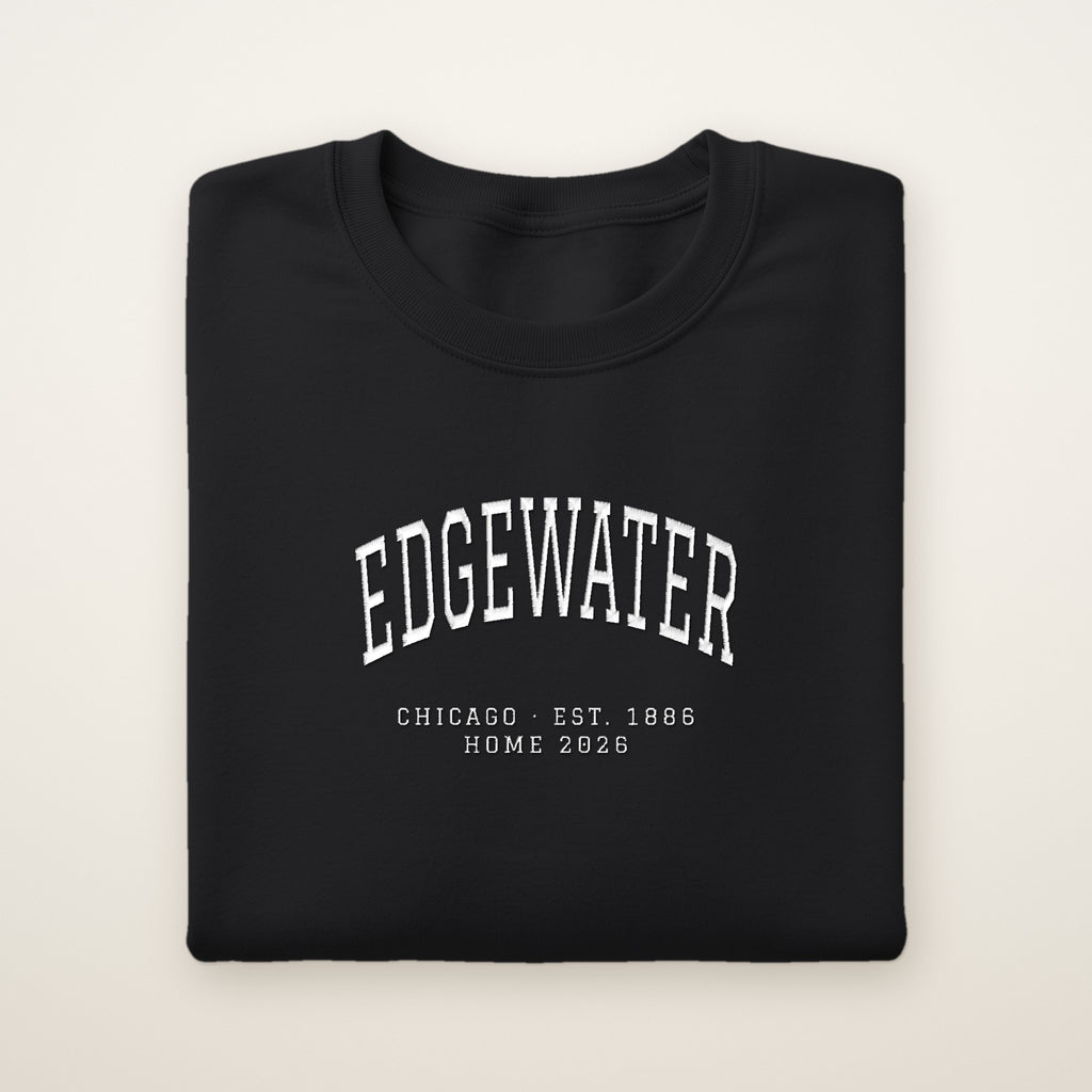 Edgewater Chicago Home 2026 Embroidered Crewneck — White Thread on Black