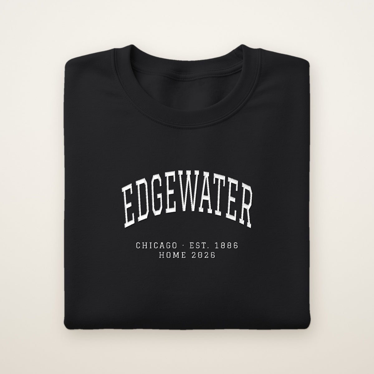 Edgewater Chicago Home 2026 Embroidered Crewneck — White Thread on Black