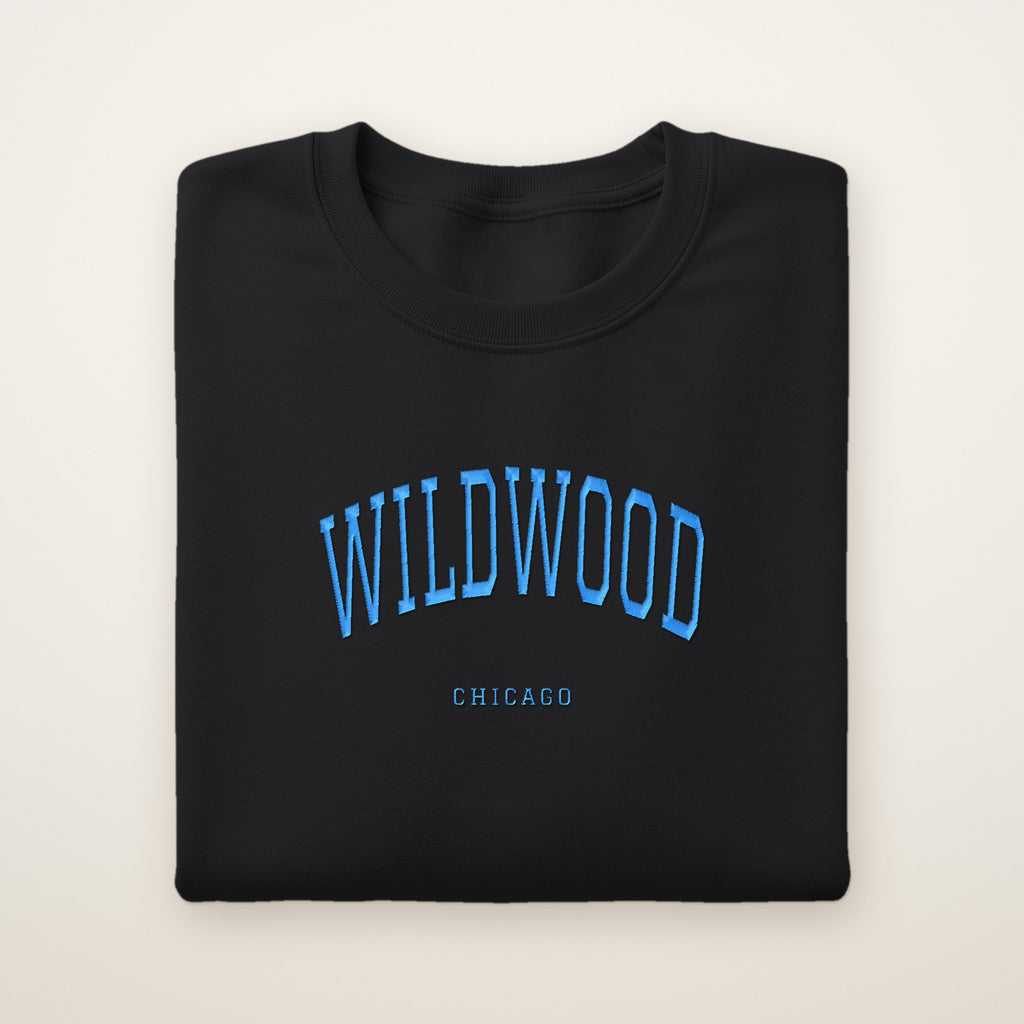 Wildwood Chicago Embroidered Crewneck — Sky Blue Thread on Black