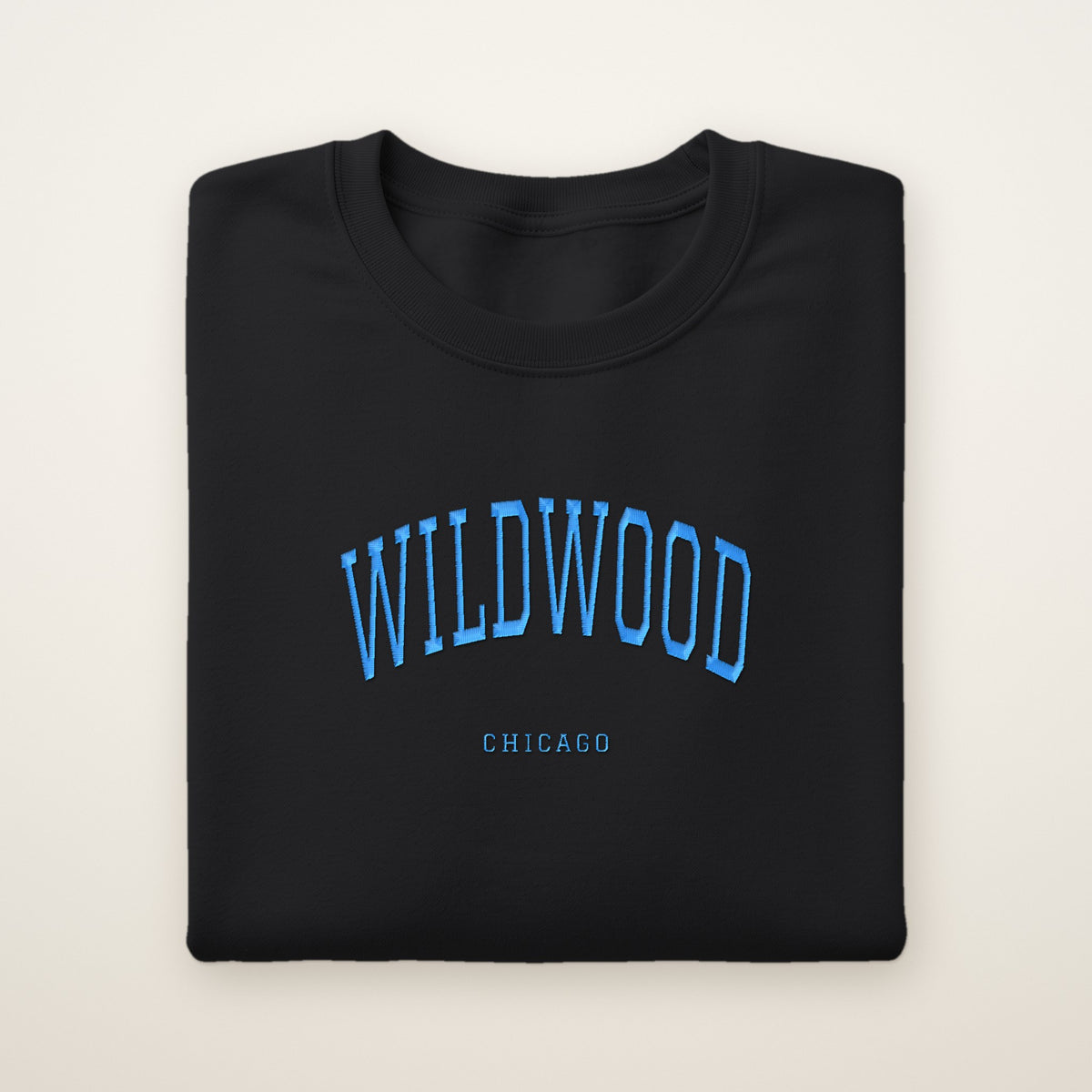 Wildwood Chicago Embroidered Crewneck — Sky Blue Thread on Black