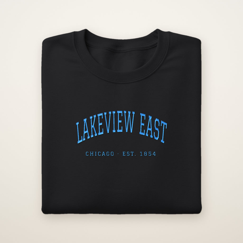 Lakeview East Chicago Embroidered Crewneck — Sky Blue Thread on Black