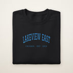 Lakeview East Chicago Embroidered Crewneck — Sky Blue Thread on Black