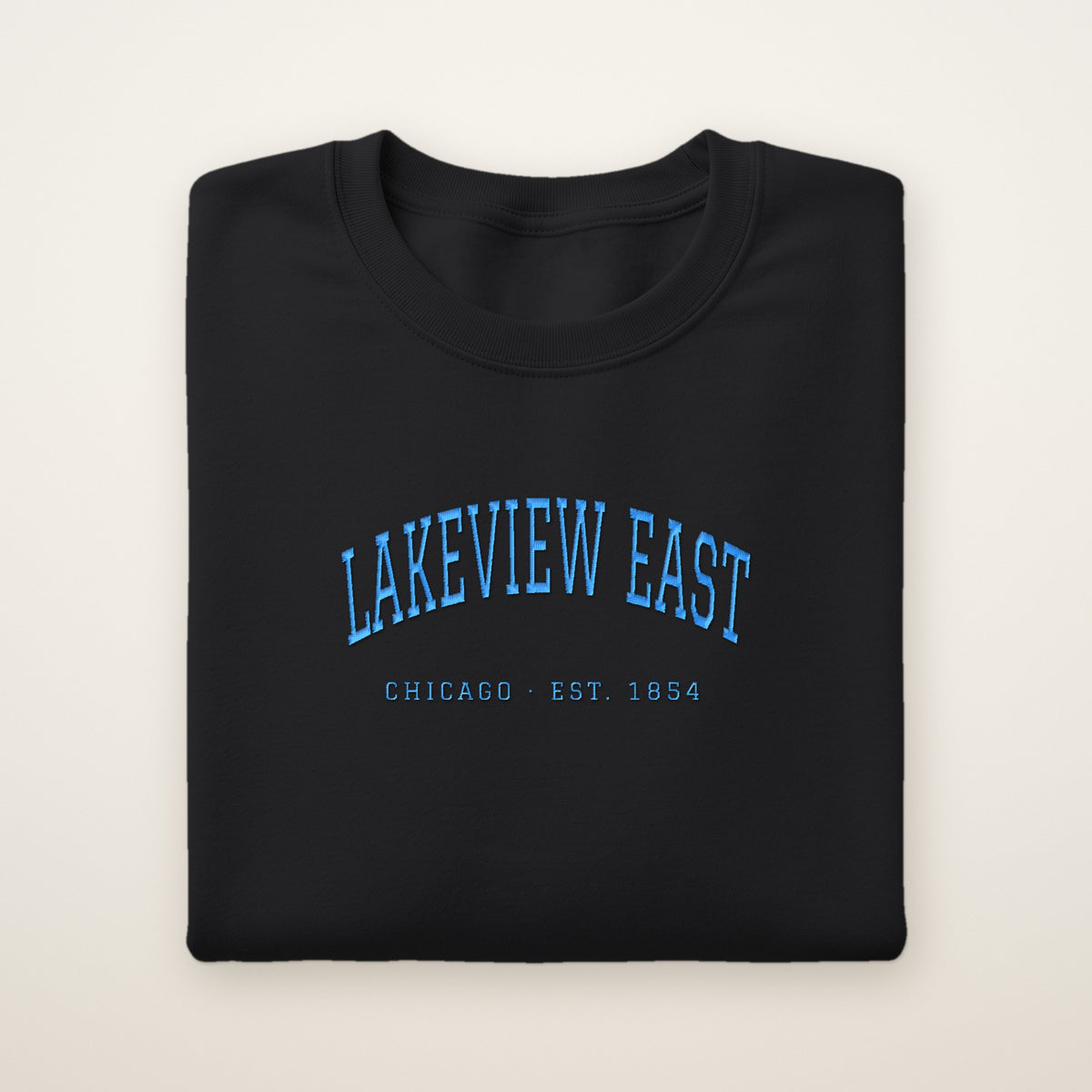 Lakeview East Chicago Embroidered Crewneck — Sky Blue Thread on Black