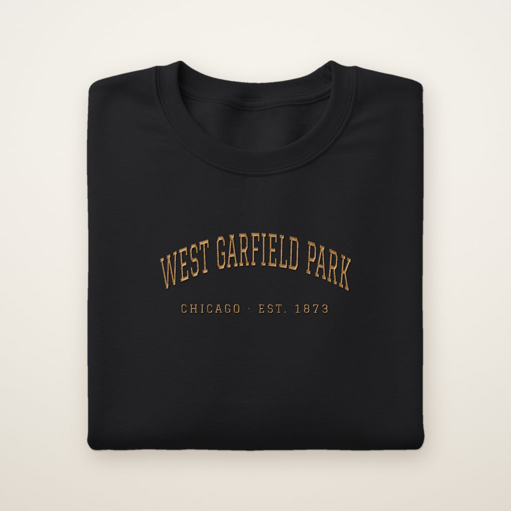 West Garfield Park Chicago Embroidered Crewneck — Gold Thread on Black