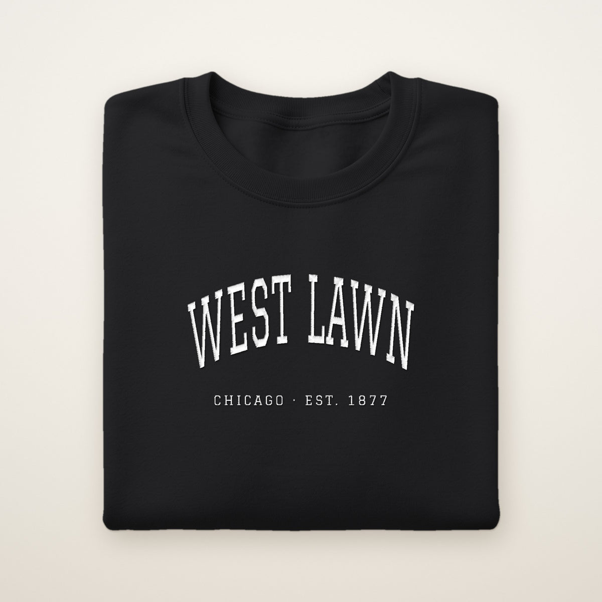 West Lawn Chicago Embroidered Crewneck — White Thread on Black