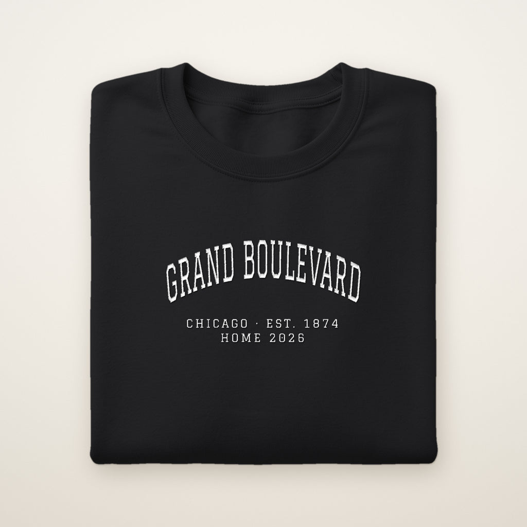 Grand Boulevard Chicago Home 2026 Embroidered Crewneck — White Thread on Black