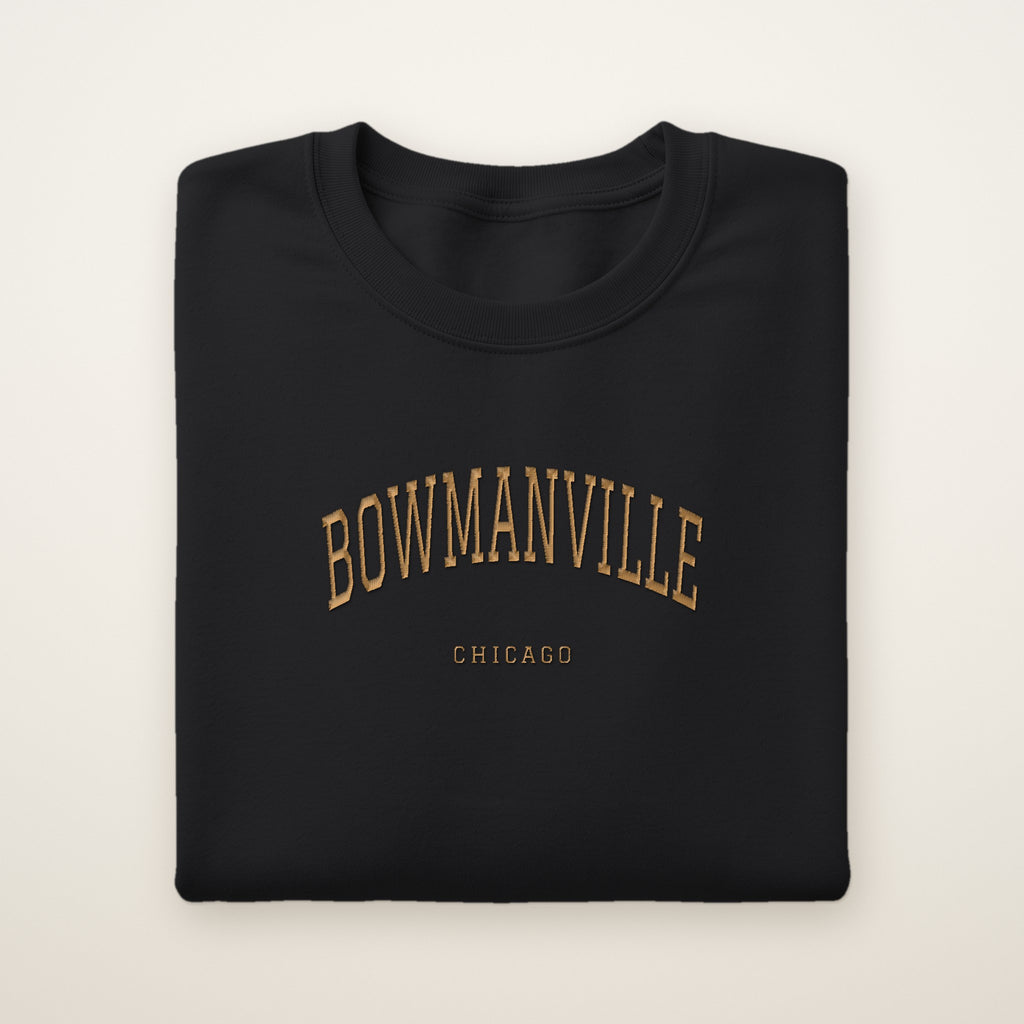 Bowmanville Chicago Embroidered Crewneck — Gold Thread on Black