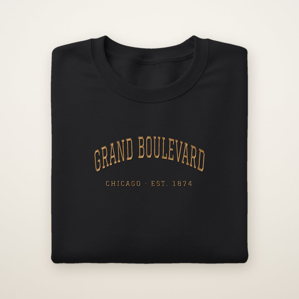 Grand Boulevard Chicago Embroidered Crewneck — Gold Thread on Black