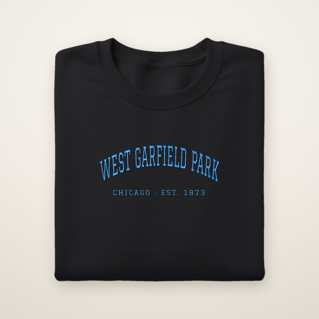 West Garfield Park Chicago Embroidered Crewneck — Sky Blue Thread on Black