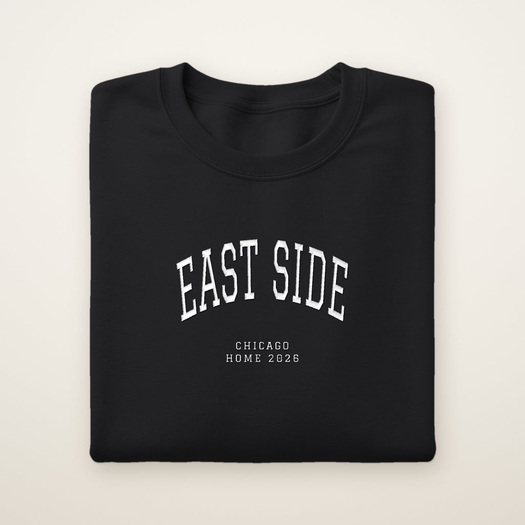 East Side Chicago Home 2026 Embroidered Crewneck — White Thread on Black