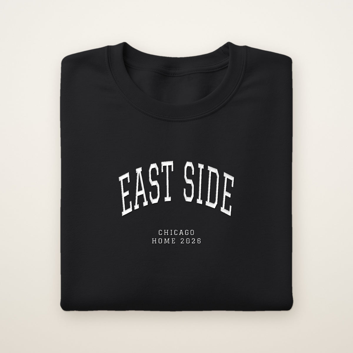 East Side Chicago Home 2026 Embroidered Crewneck — White Thread on Black