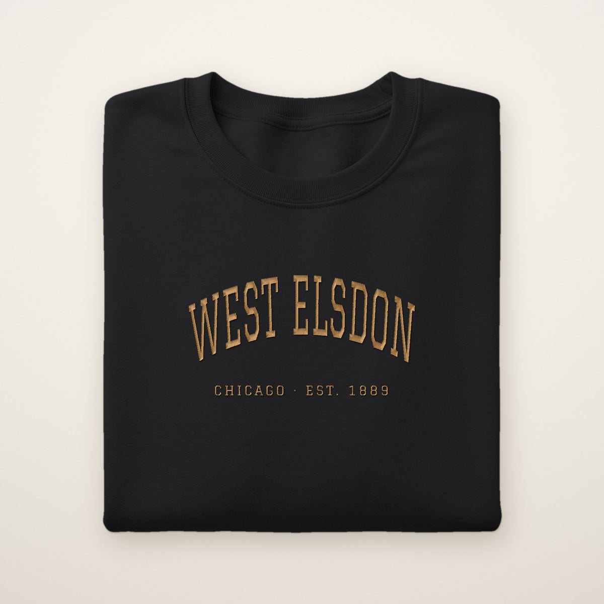 West Elsdon Chicago Embroidered Crewneck — Gold Thread on Black