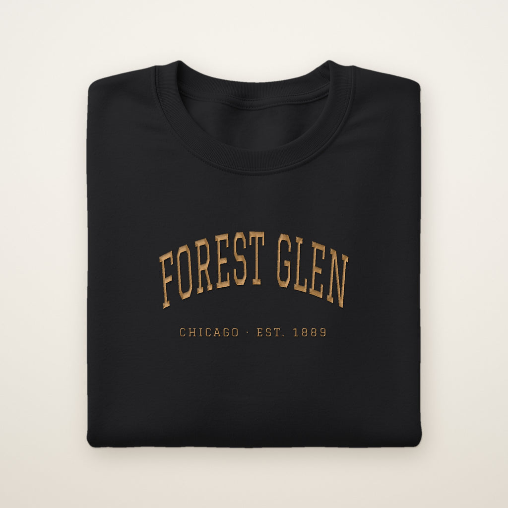 Forest Glen Chicago Embroidered Crewneck — Gold Thread on Black