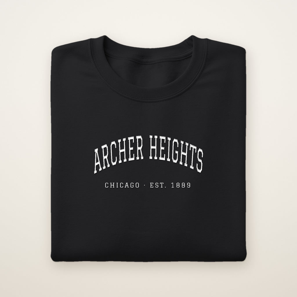 Archer Heights Chicago Embroidered Crewneck — White Thread on Black