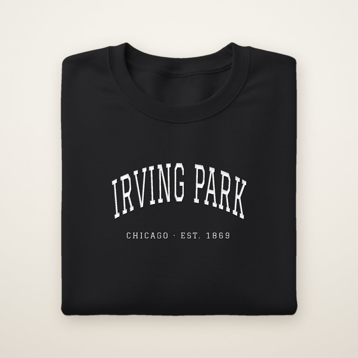 Irving Park Chicago Embroidered Crewneck — White Thread on Black