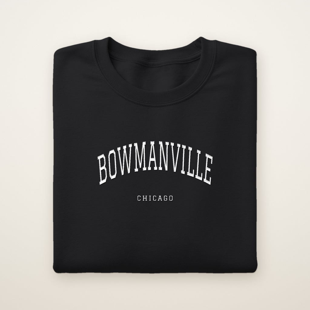 Bowmanville Chicago Embroidered Crewneck — White Thread on Black