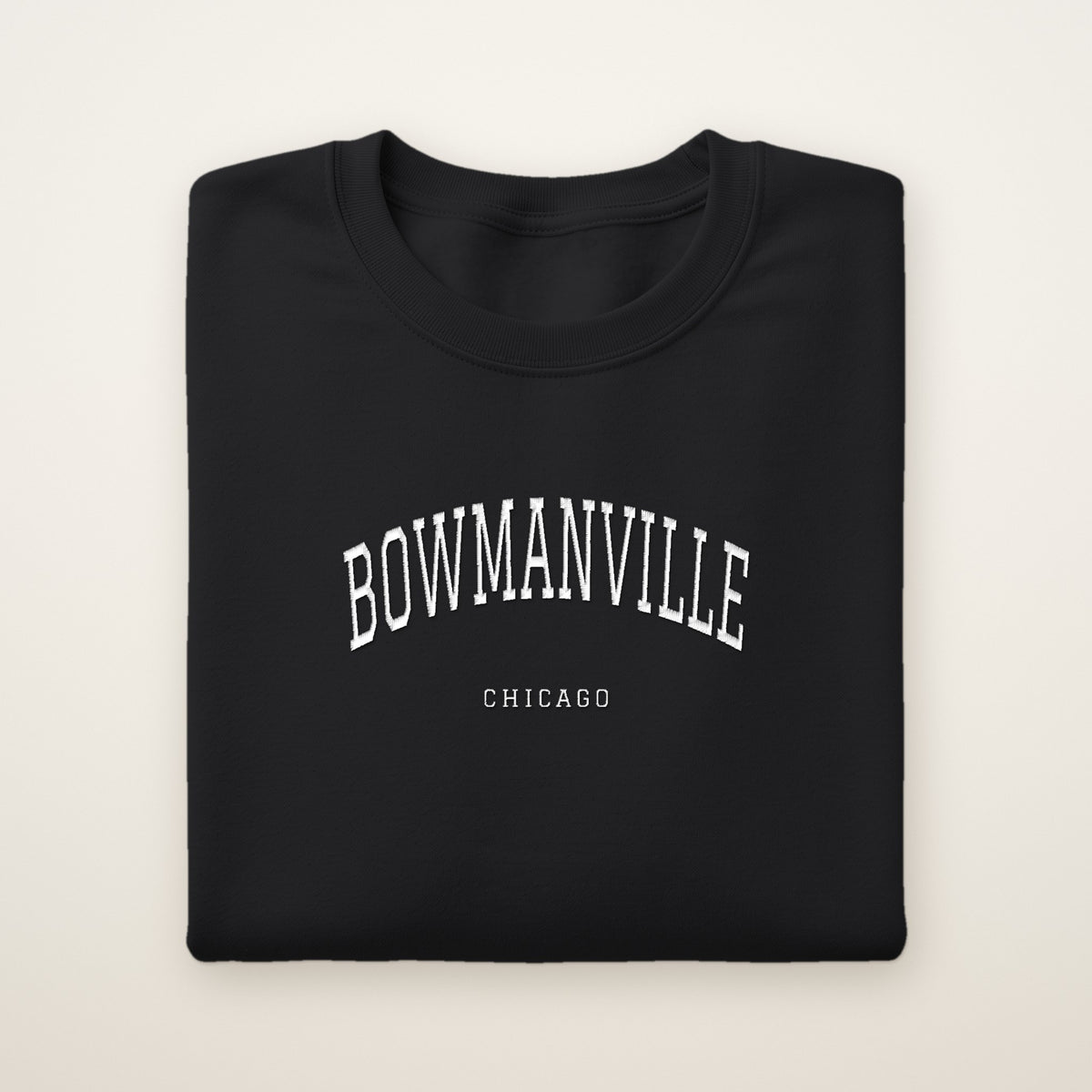Bowmanville Chicago Embroidered Crewneck — White Thread on Black