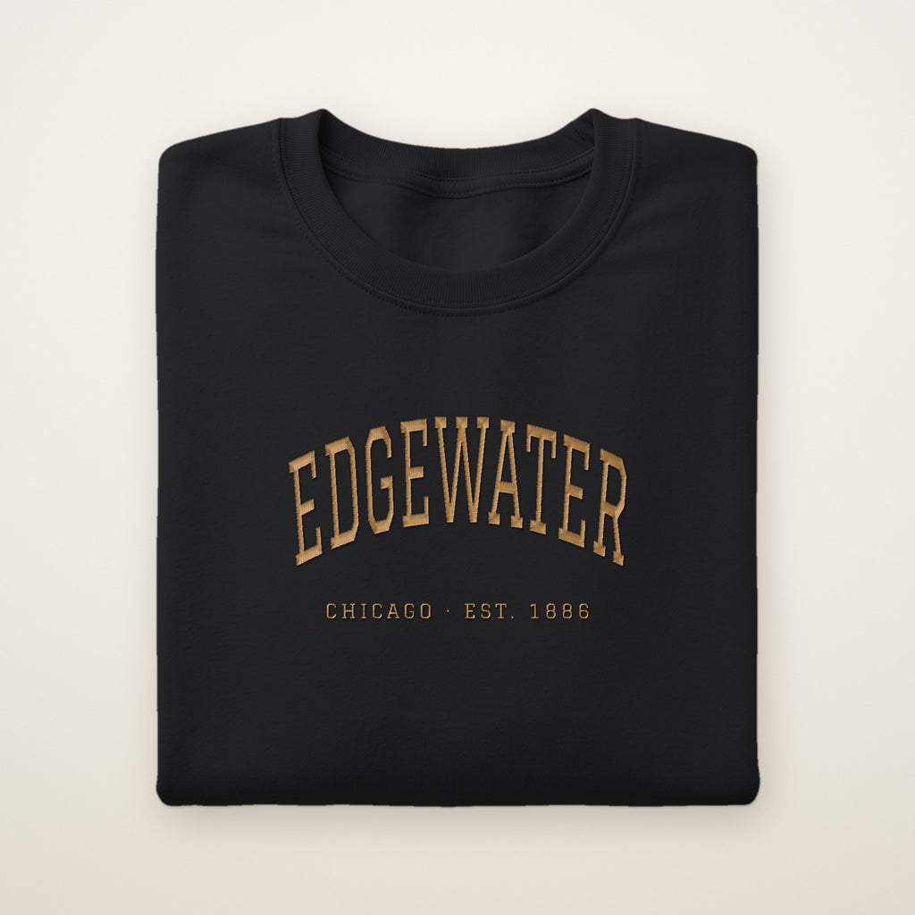 Edgewater Chicago Embroidered Crewneck — Gold Thread on Black