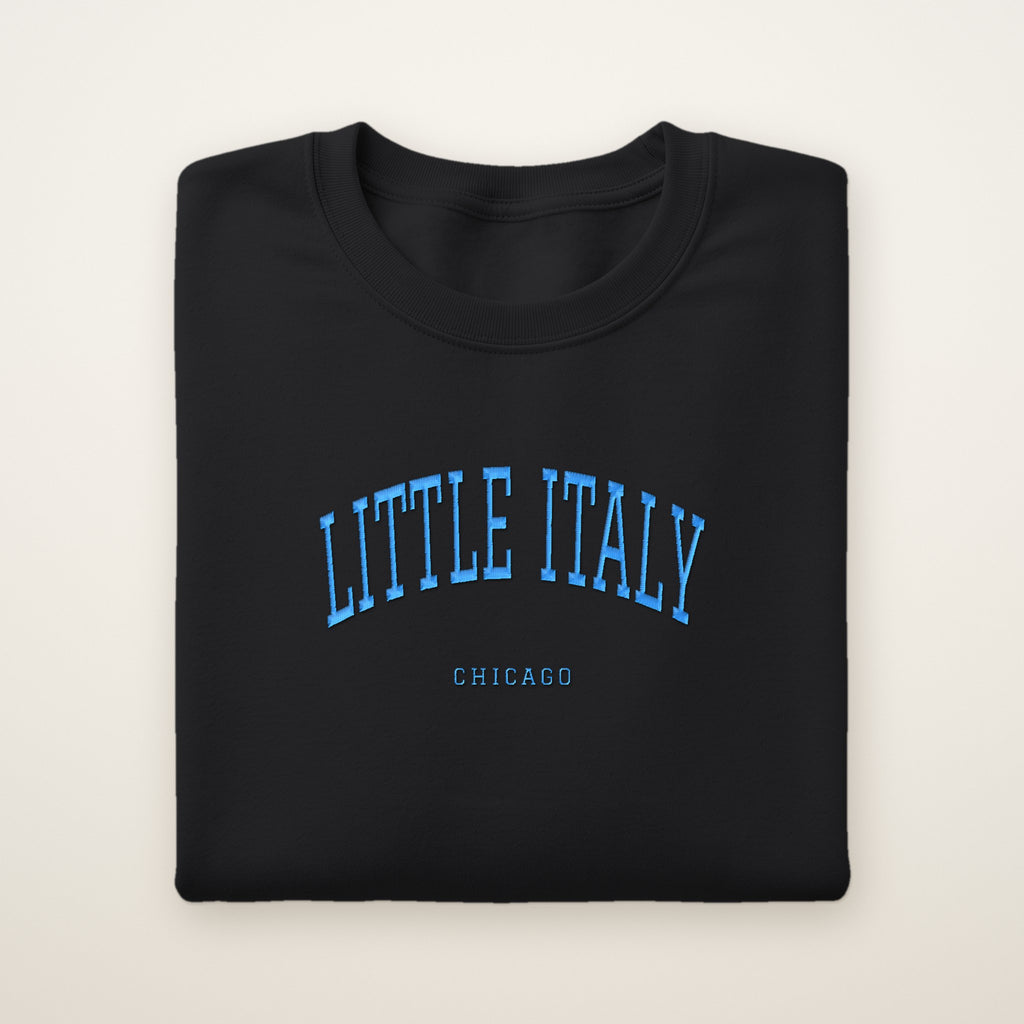 Little Italy Chicago Embroidered Crewneck — Sky Blue Thread on Black
