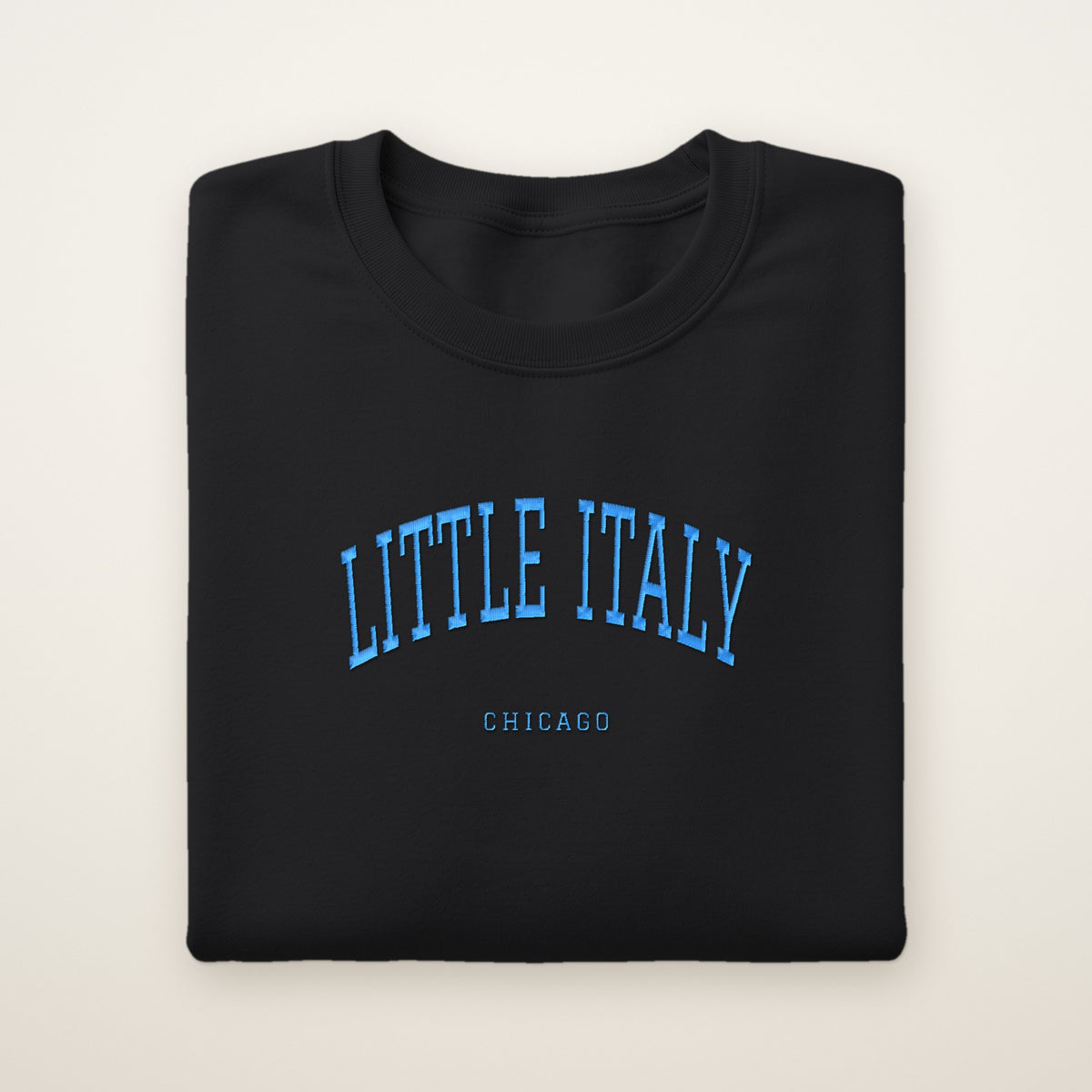 Little Italy Chicago Embroidered Crewneck — Sky Blue Thread on Black