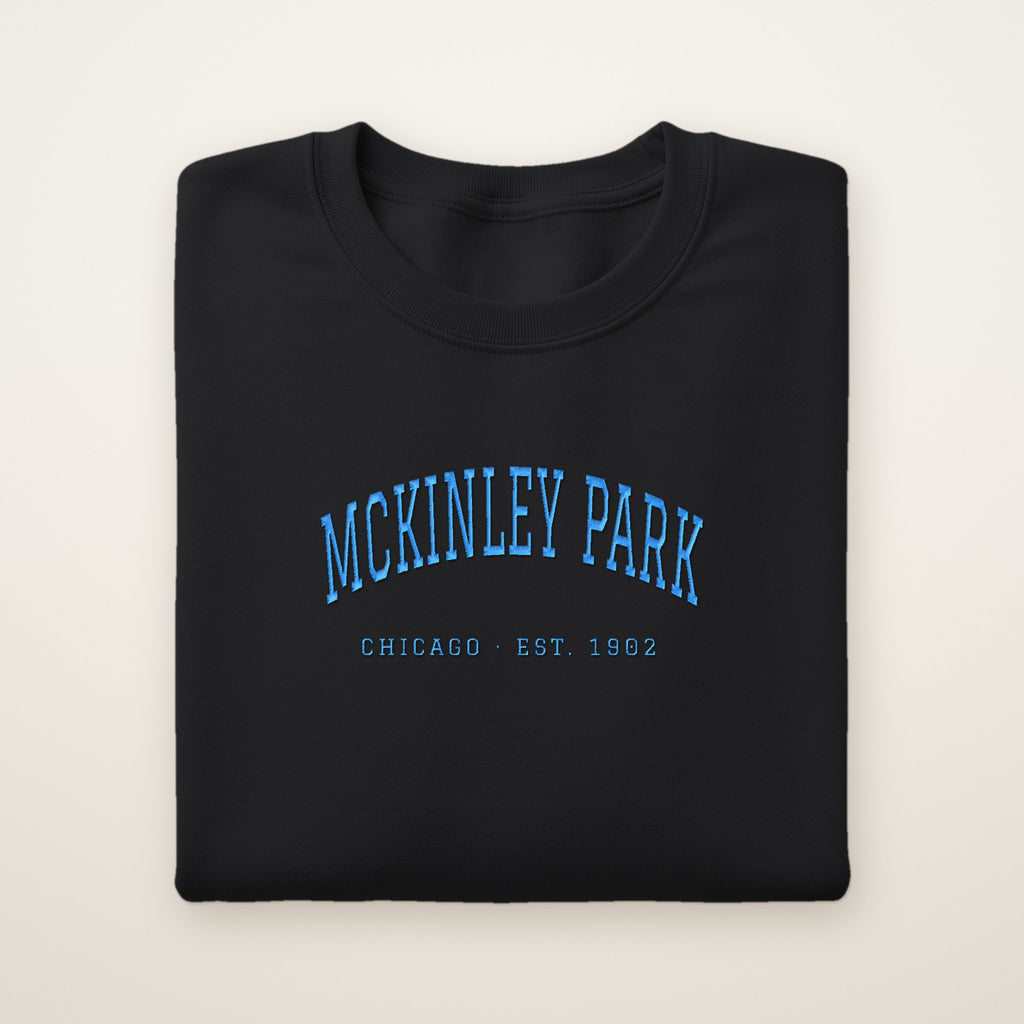 McKinley Park Chicago Embroidered Crewneck — Sky Blue Thread on Black