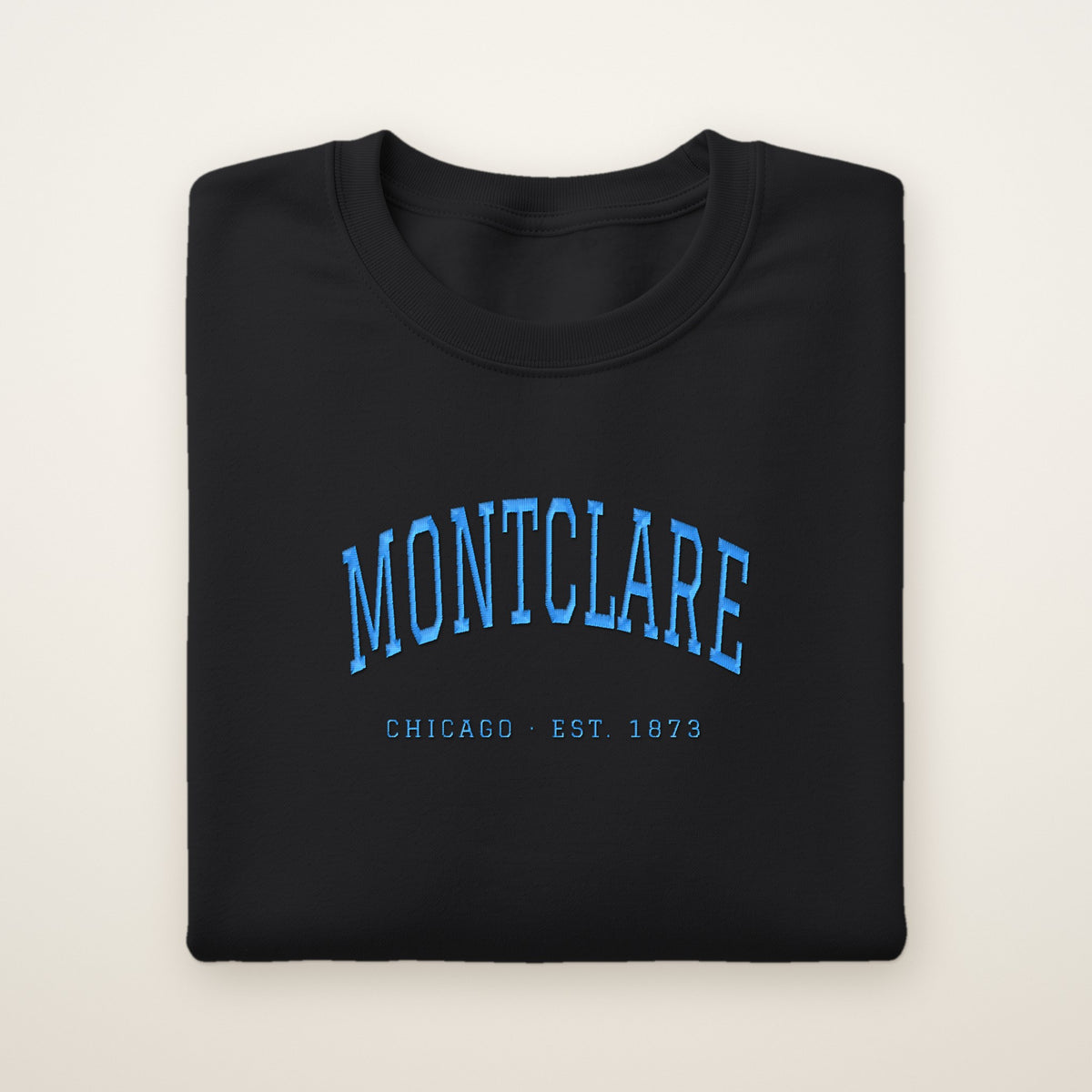 Montclare Chicago Embroidered Crewneck — Sky Blue Thread on Black