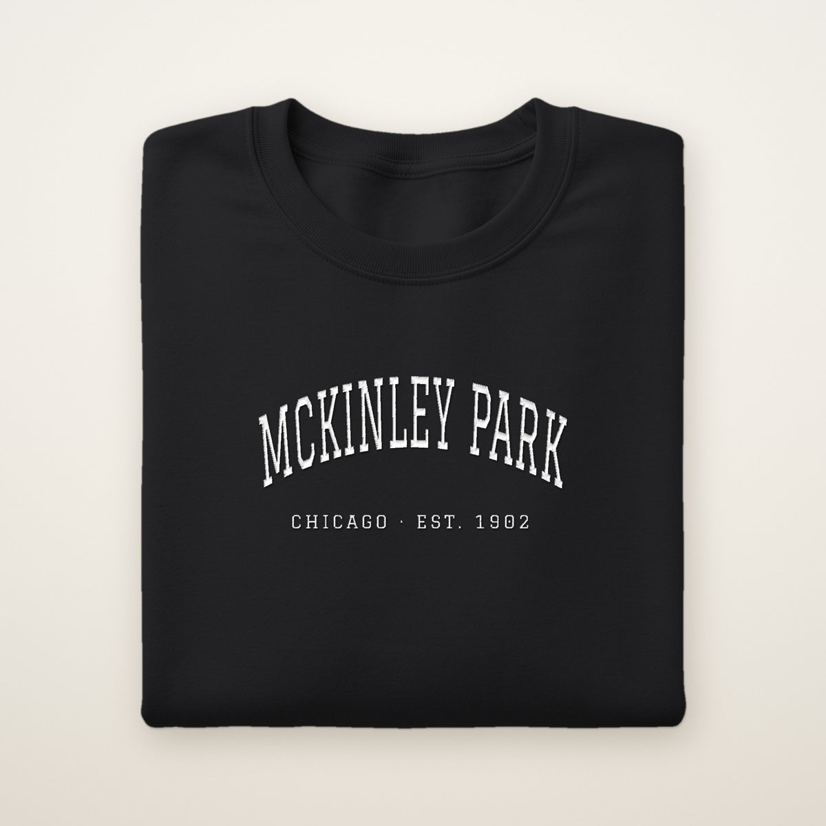 McKinley Park Chicago Embroidered Crewneck — White Thread on Black