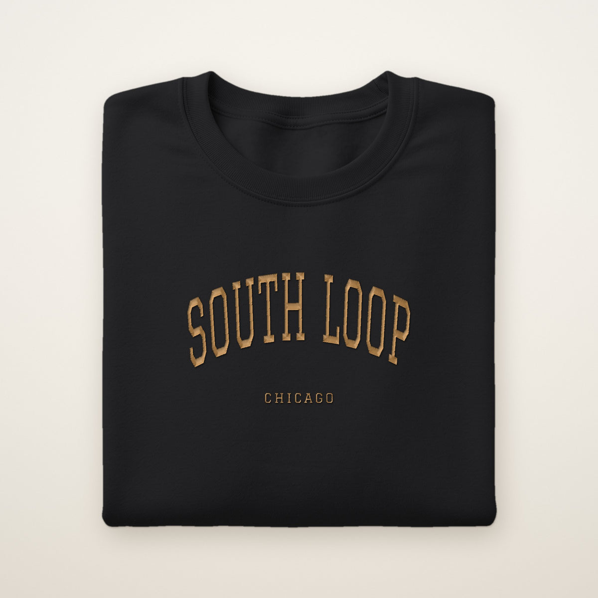 South Loop Chicago Embroidered Crewneck — Gold Thread on Black