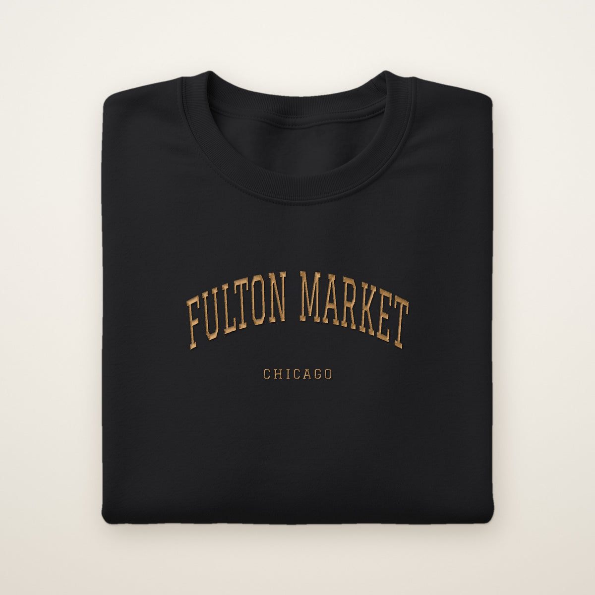 Fulton Market Chicago Embroidered Crewneck — Gold Thread on Black