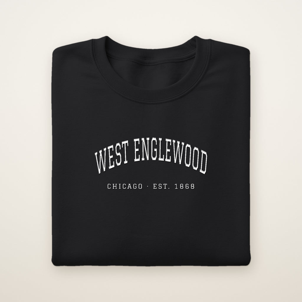 West Englewood Chicago Embroidered Crewneck — White Thread on Black