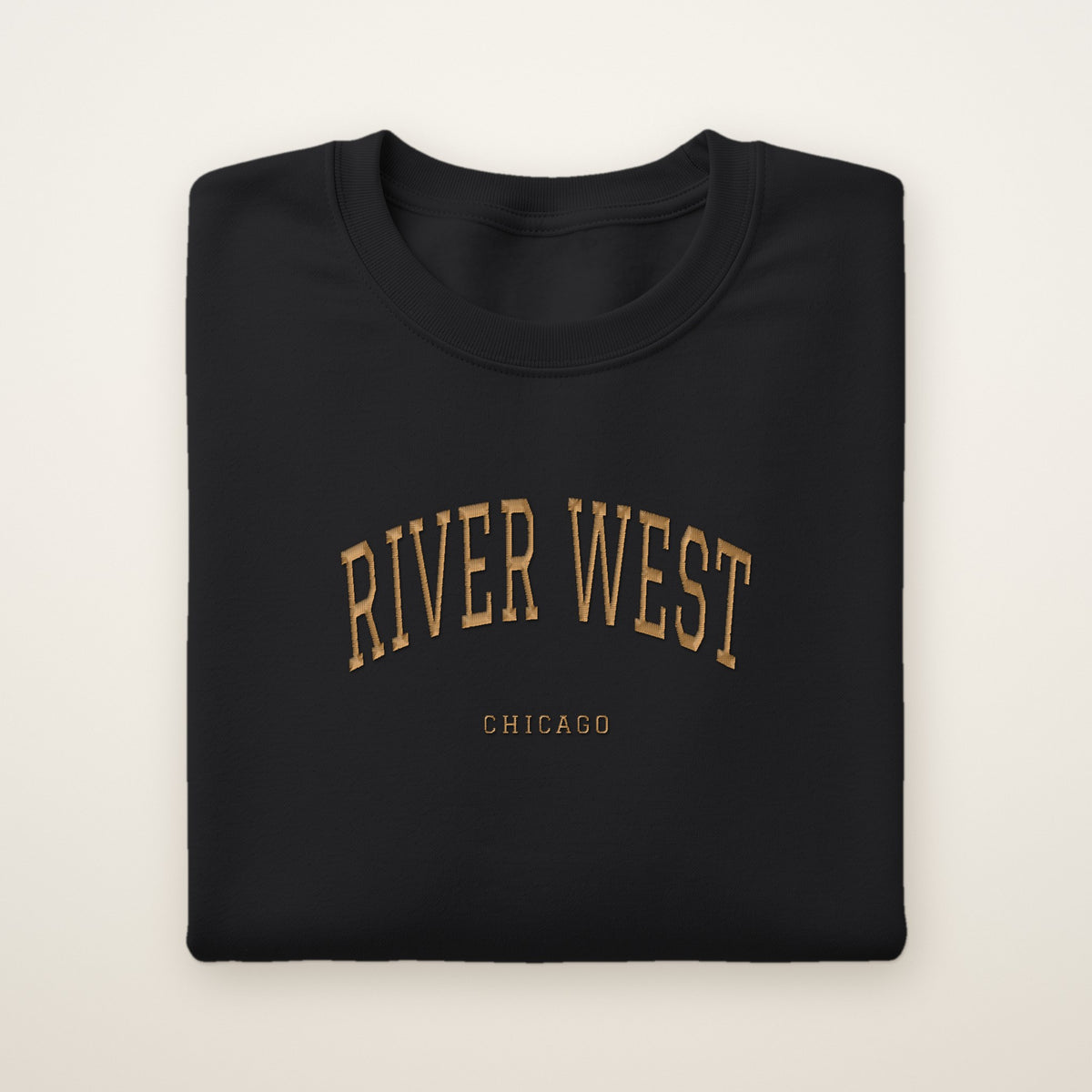 River West Chicago Embroidered Crewneck — Gold Thread on Black