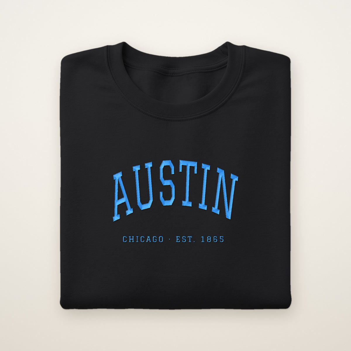Austin Chicago Embroidered Crewneck — Sky Blue Thread on Black