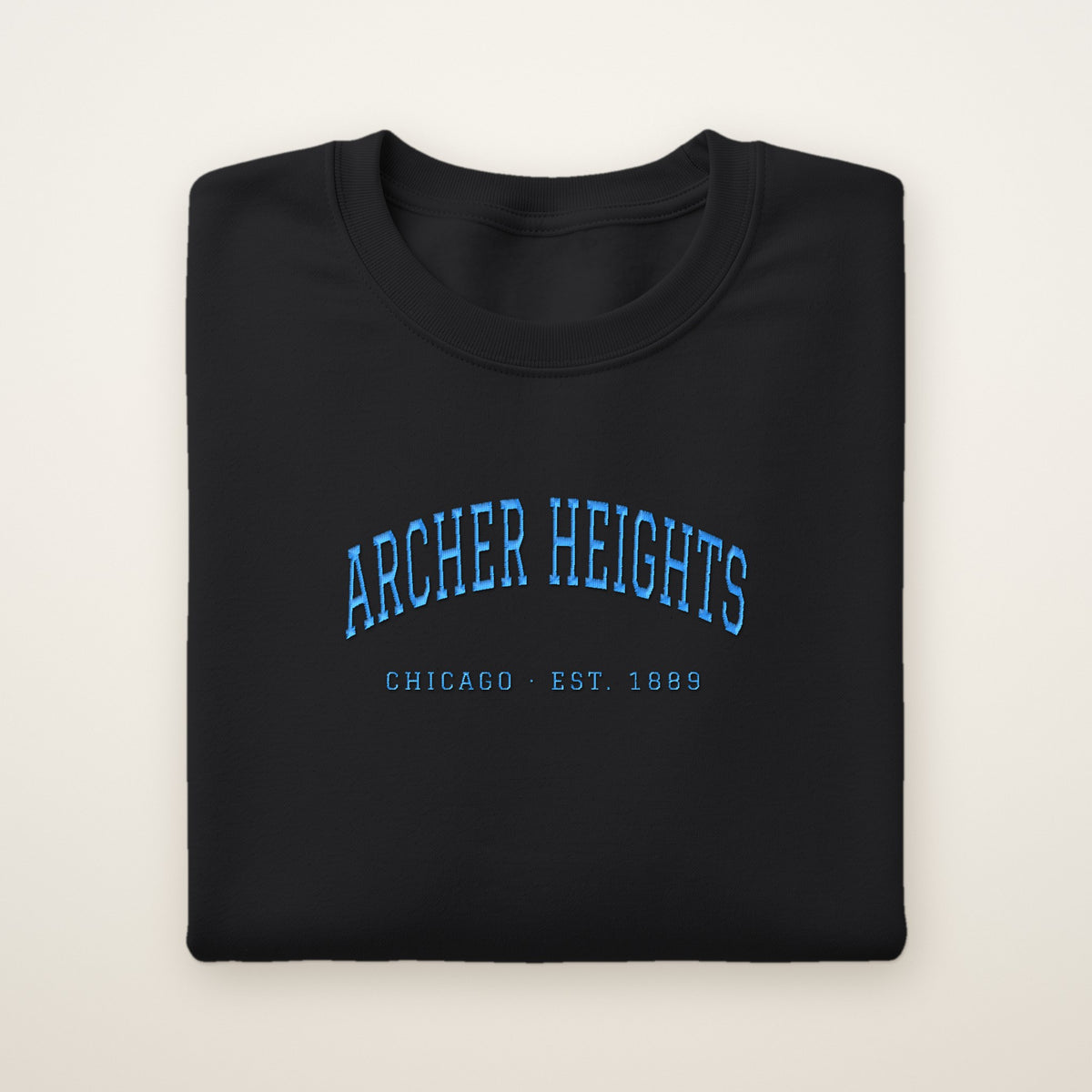 Archer Heights Chicago Embroidered Crewneck — Sky Blue Thread on Black