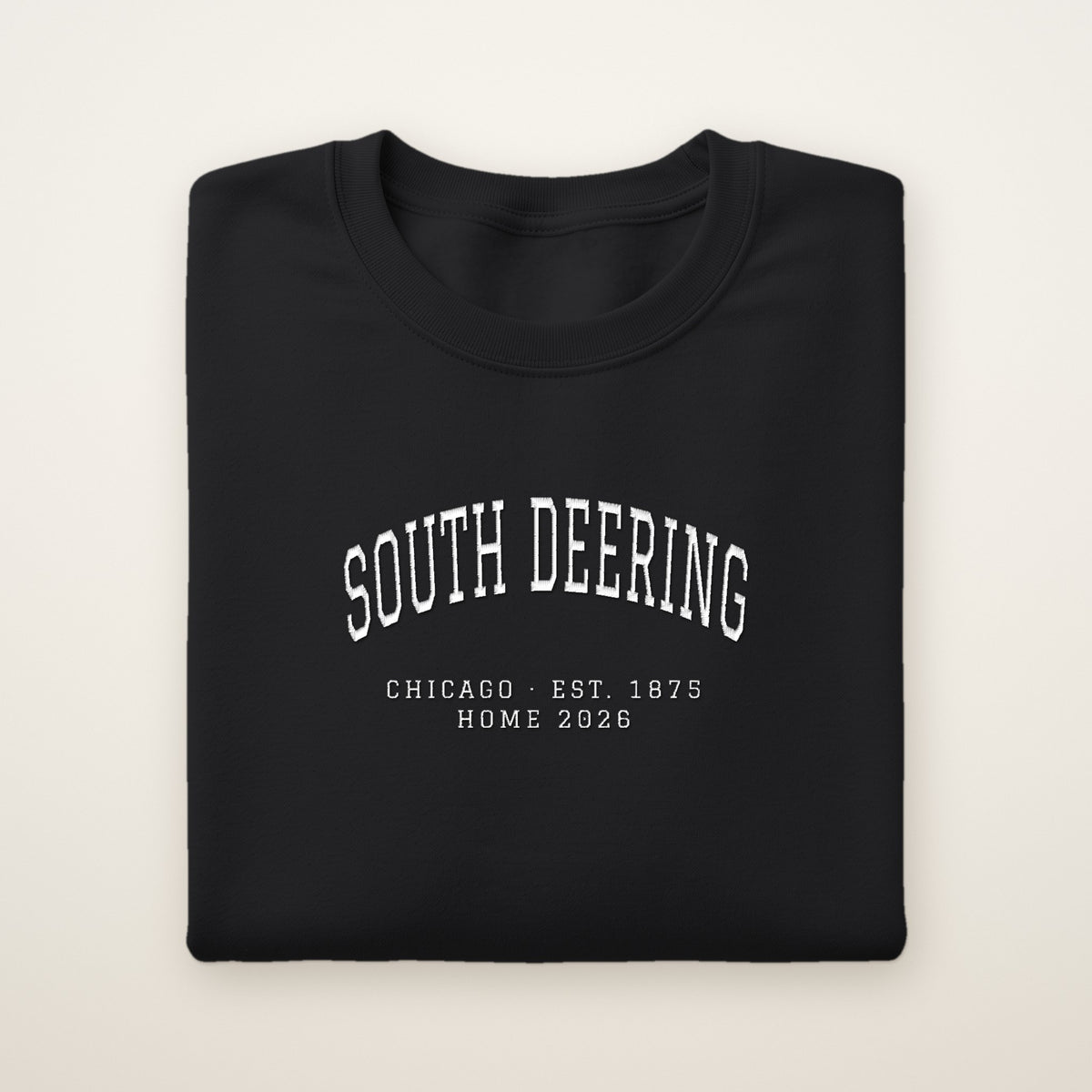 South Deering Chicago Home 2026 Embroidered Crewneck — White Thread on Black