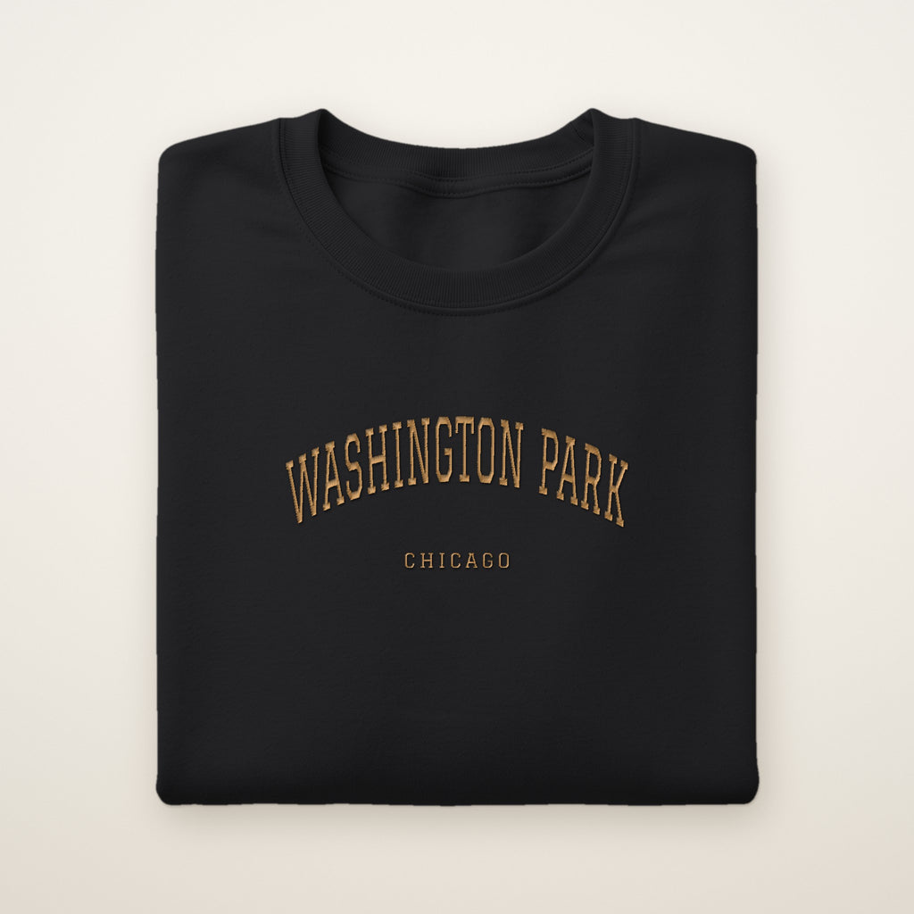 Washington Park Chicago Embroidered Crewneck — Gold Thread on Black