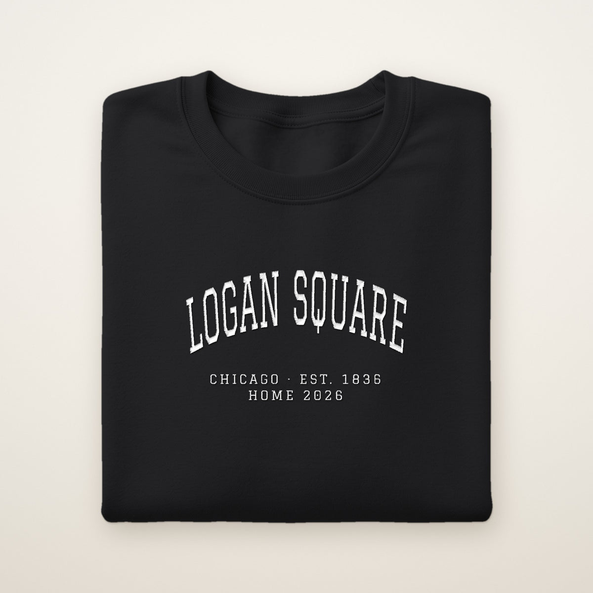 Logan Square Chicago Home 2026 Embroidered Crewneck — White Thread on Black