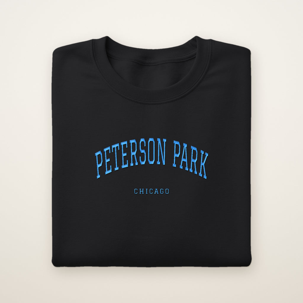 Peterson Park Chicago Embroidered Crewneck — Sky Blue Thread on Black
