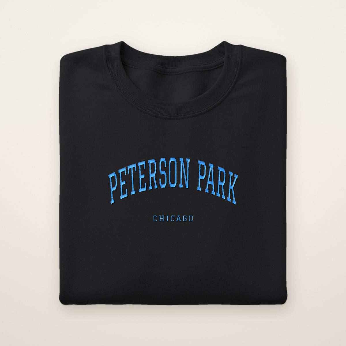 Peterson Park Chicago Embroidered Crewneck — Sky Blue Thread on Black