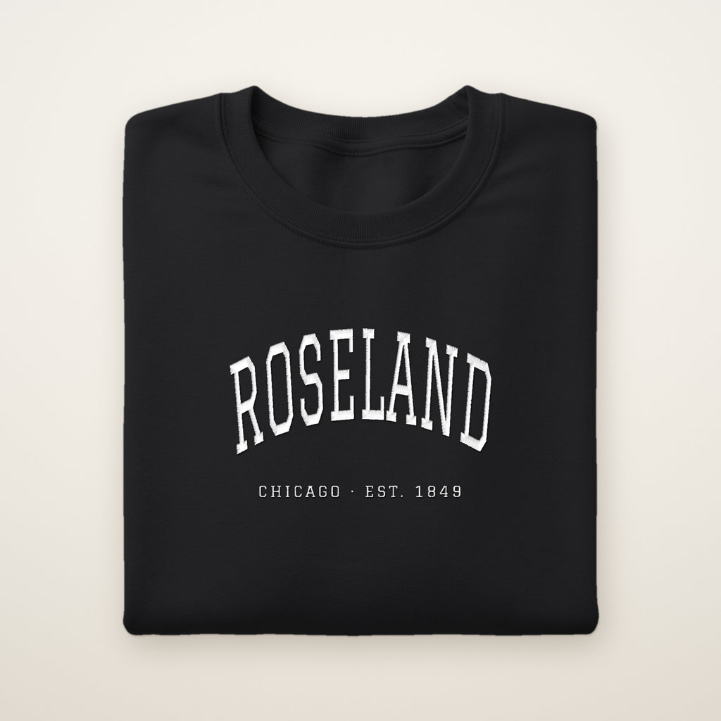 Roseland Chicago Embroidered Crewneck — White Thread on Black