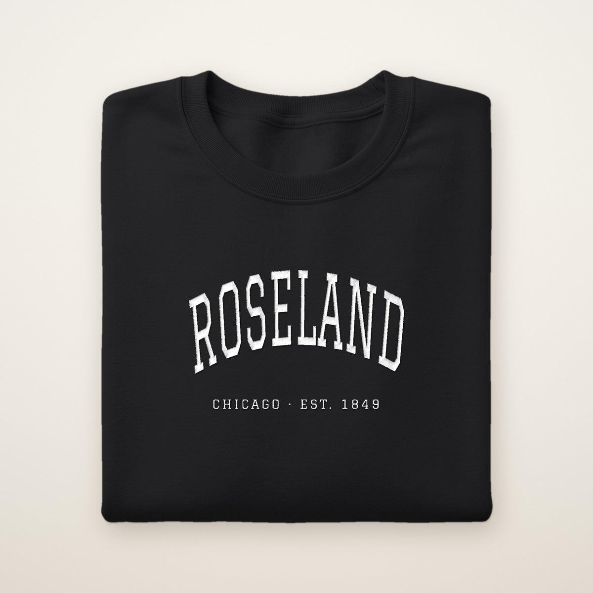 Roseland Chicago Embroidered Crewneck — White Thread on Black