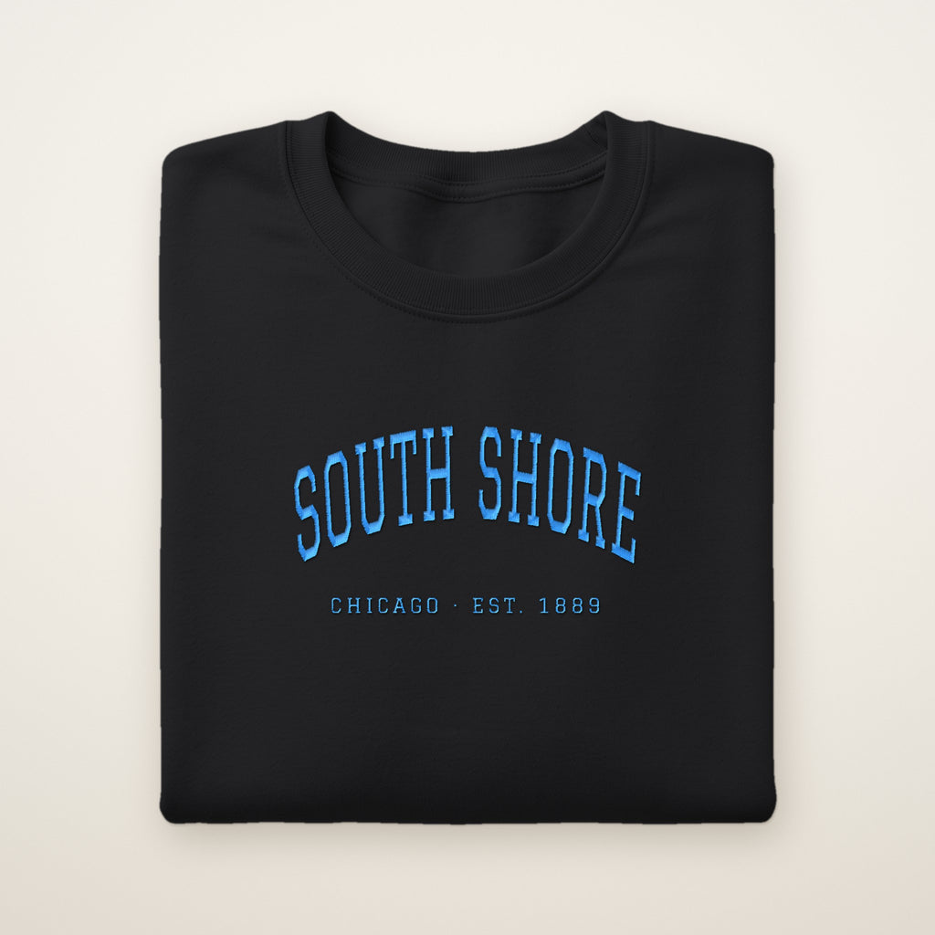 South Shore Chicago Embroidered Crewneck — Sky Blue Thread on Black