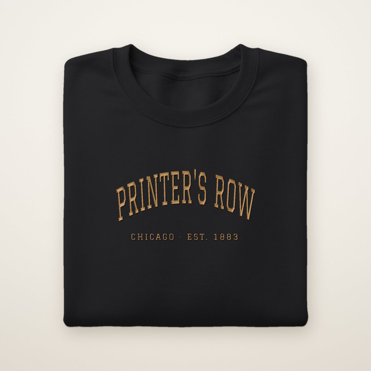Printer's Row Chicago Embroidered Crewneck — Gold Thread on Black