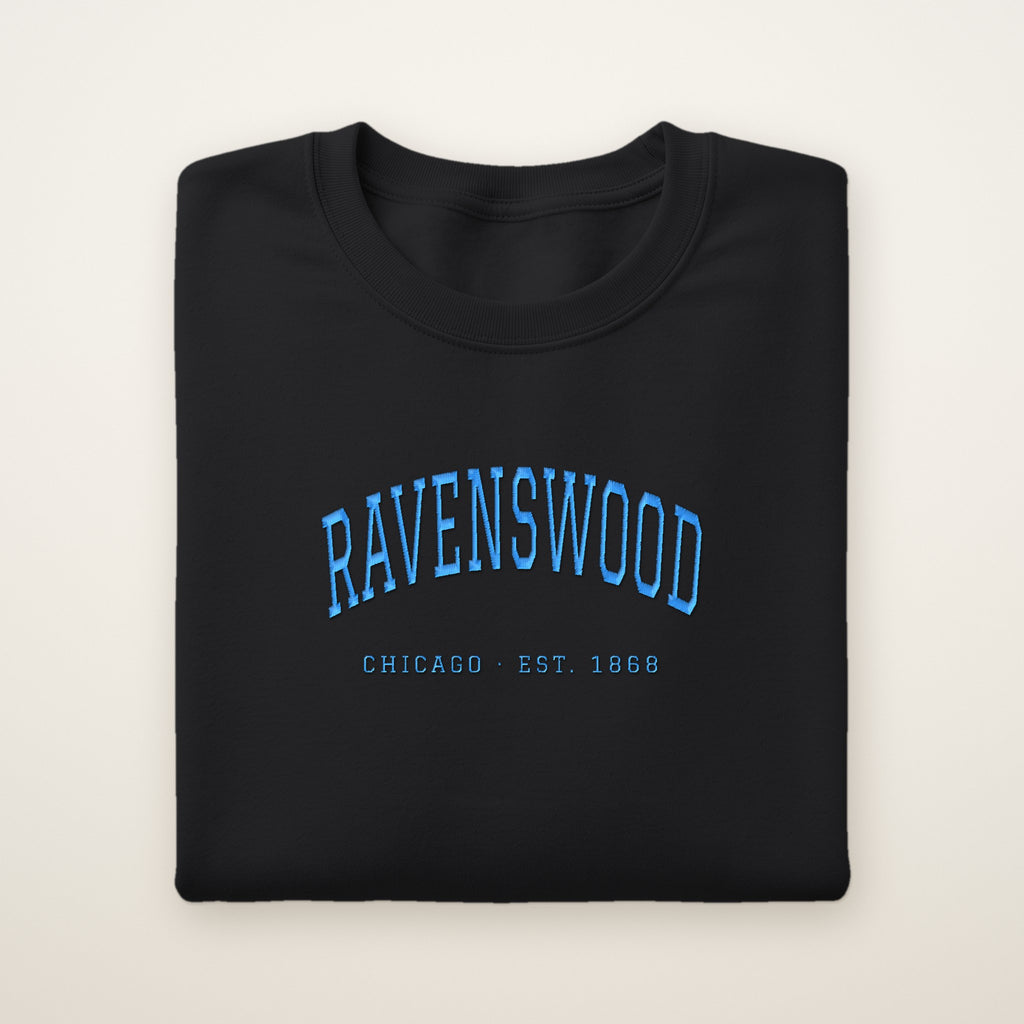 Ravenswood Chicago Embroidered Crewneck — Sky Blue Thread on Black