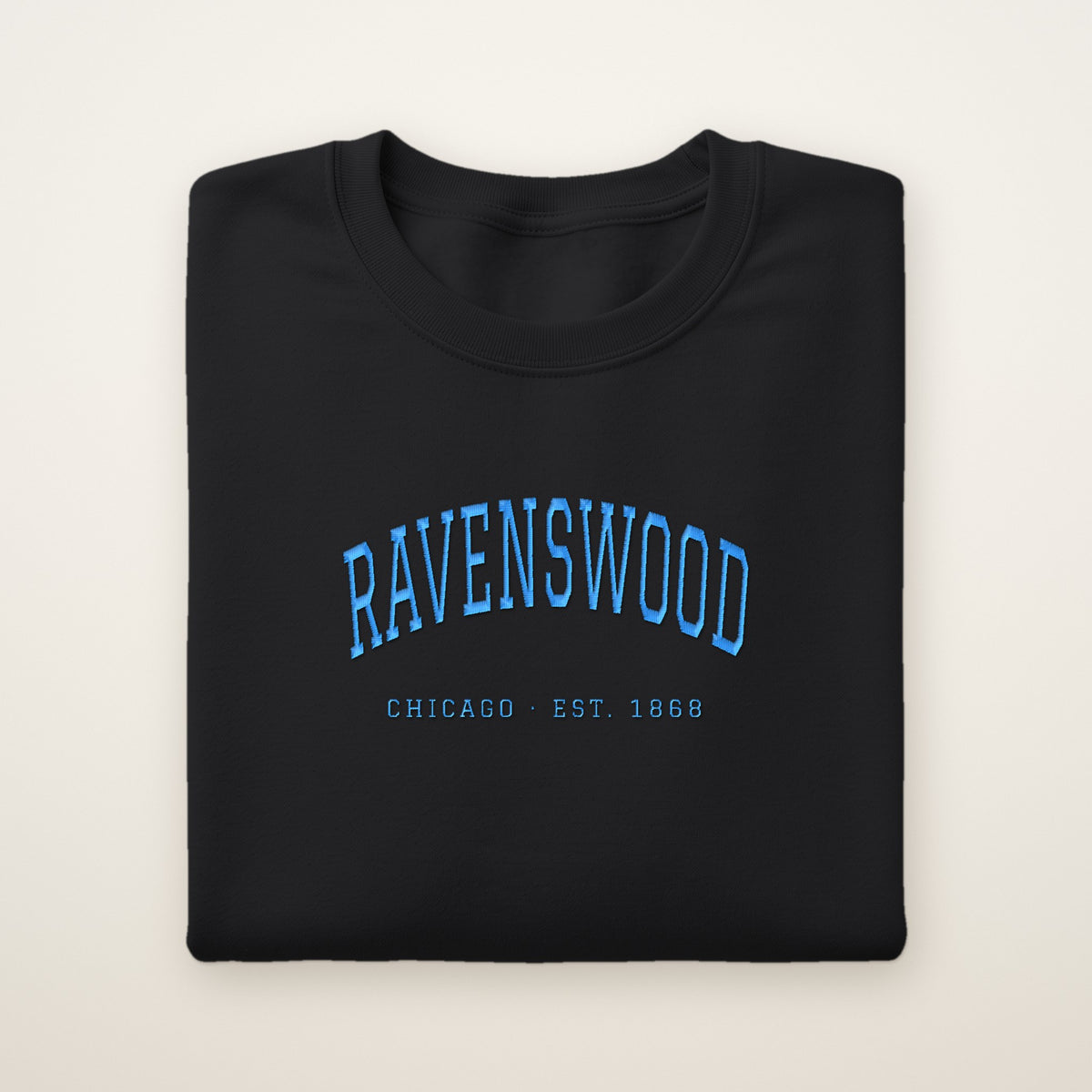 Ravenswood Chicago Embroidered Crewneck — Sky Blue Thread on Black