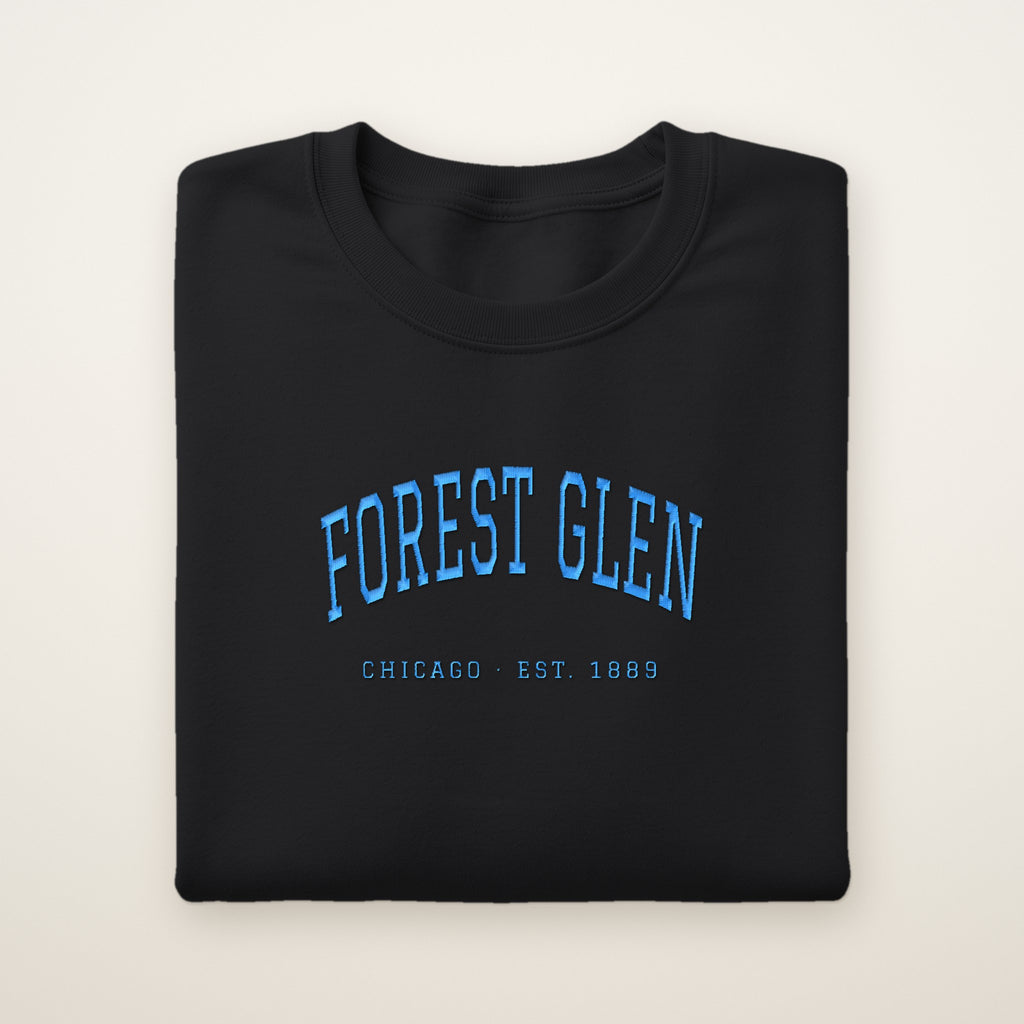 Forest Glen Chicago Embroidered Crewneck — Sky Blue Thread on Black