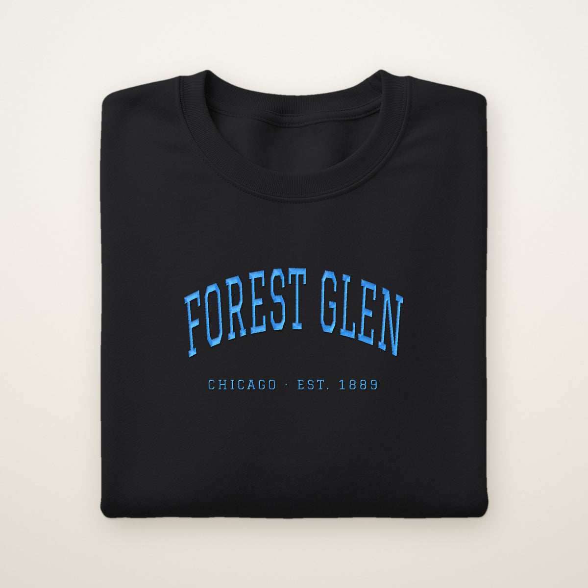Forest Glen Chicago Embroidered Crewneck — Sky Blue Thread on Black