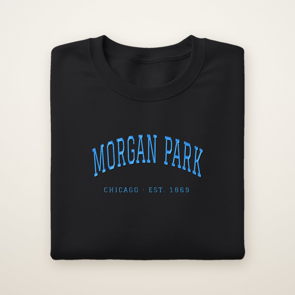 Morgan Park Chicago Embroidered Crewneck — Sky Blue Thread on Black