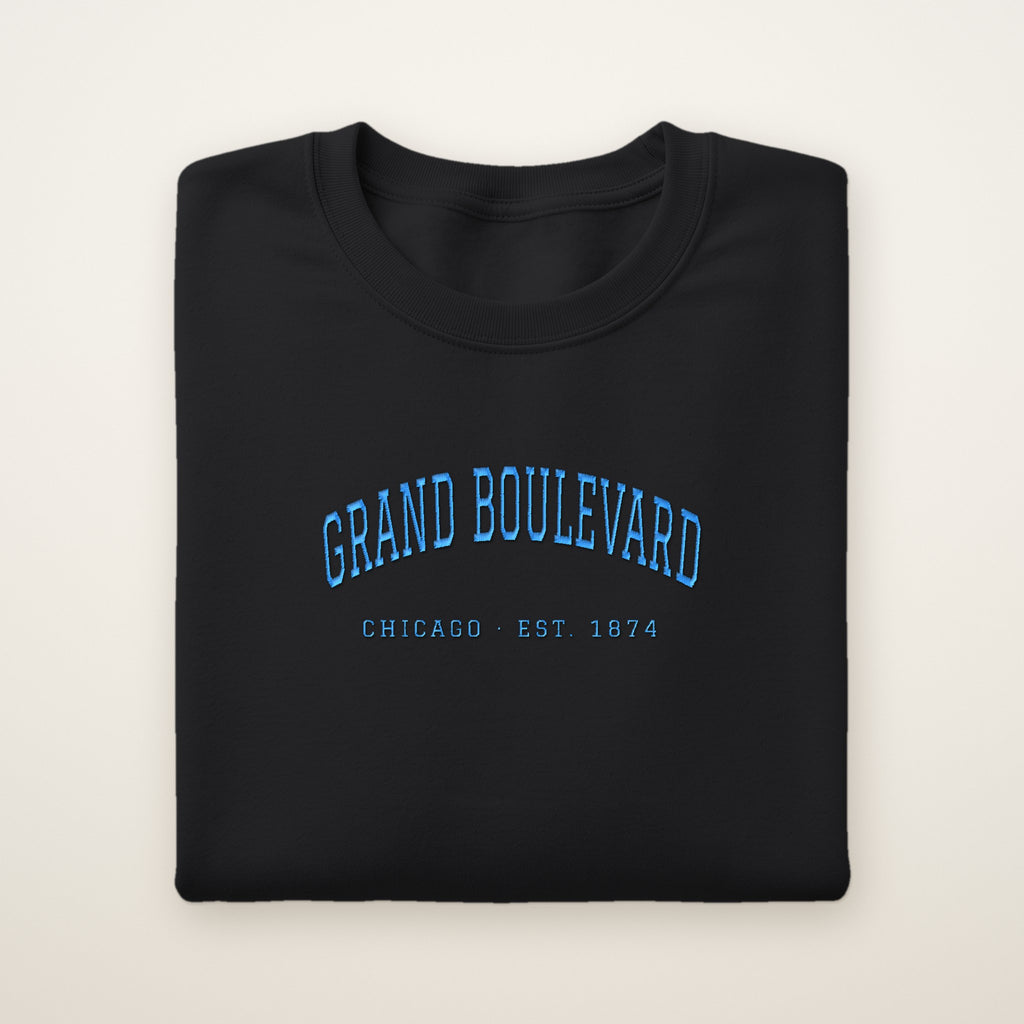 Grand Boulevard Chicago Embroidered Crewneck — Sky Blue Thread on Black